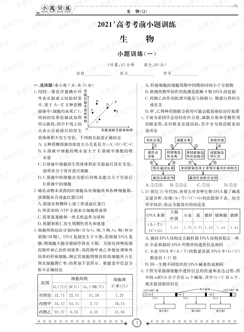 [生物]長郡中學2021高考考前小題沖刺訓練（老高考）